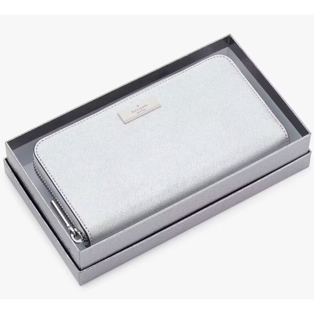 G Kate Spade Kenzie Silver Metallic Boxed Large Continental Wallet KJ020NWT $249